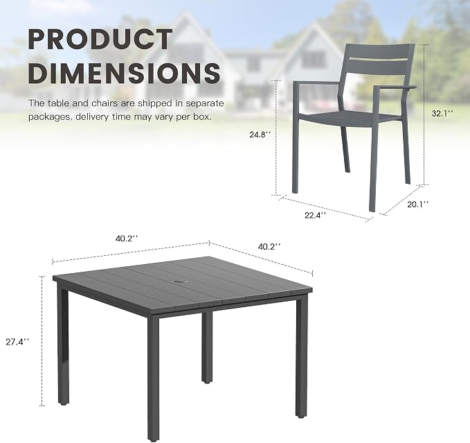 Patio Dining Set for 4, 40.2" Outdoor Dining Table and Chairs Set with Stackable Patio Chairs Outdoor Furniture for Garden Deck Backyard, Dark Grey Table and Grey Chairs