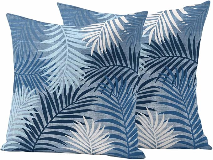 Outdoor Waterproof Throw Pillow Covers, Navy Blue Palm Leaves Decorative Pillow Cases, Summer Botanical Tropical Leaf Couch Pillow Protector Patio Sofa Cushion Covers Replacement 20"x20" 2 Pack