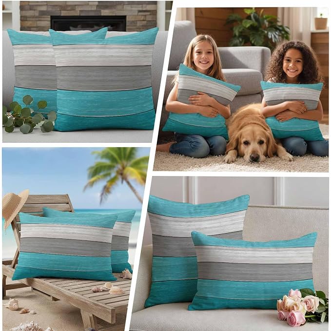 Outdoor Throw Pillow Covers 18X18 Set of 2 Waterproof Ombre Aqua Blue Gray Decorative Zippered Cushion Covers for Patio Furniture, Farmhouse Retro Rustic Barn Wood Texture Lumbar Pillowcases