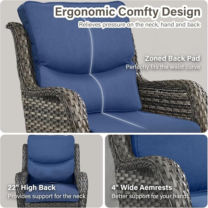 Outdoor Swivel Rocker Patio Chairs with 2 Ottomans - 5" Thick Cushion 4 Piece Furniture Set All Weather Comfortable Wicker Conversation Set for Porch Poolside and Deck - Gray/Blue