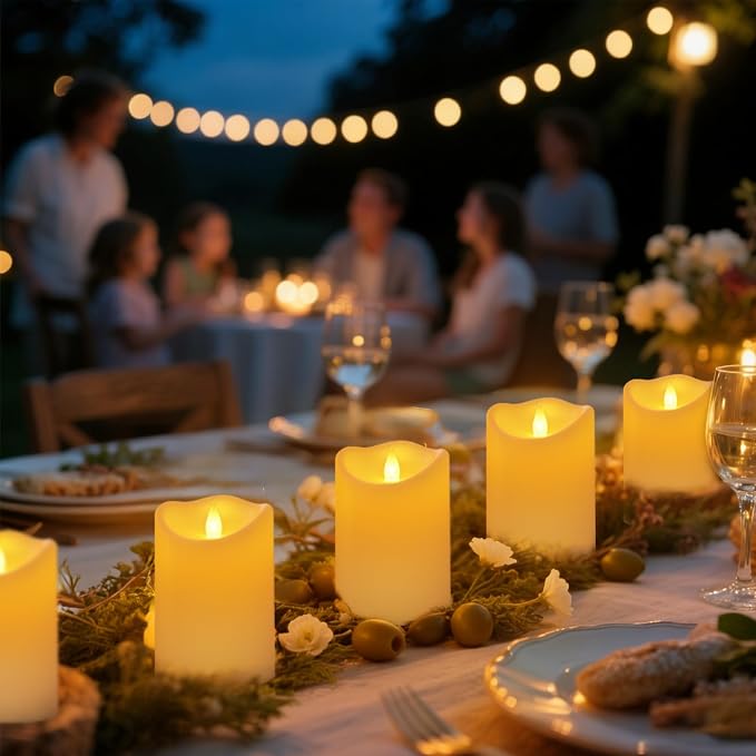 Outdoor Flameless Candles, Patented 3D Dual-LED, Set of 9 Slanted Resin Pillars with 2 Remotes, Bulk Party Decor for Fireplace Holiday, Non-Melting Waterproof Battery Operated, (Ivory)