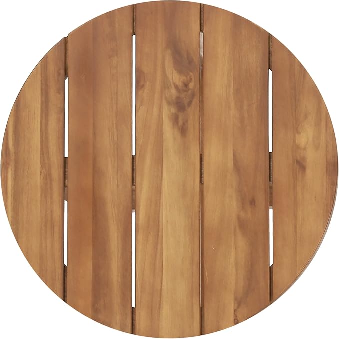 Merax Acacia Outdoor Wood Round Accent Side Table, Cross Base Design with Slat Detailing, Weather-Resistant, Teak