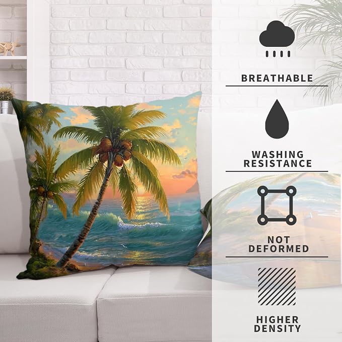 Tropical Throw Pillow Covers Coconut Palm Tree Pillow Covers 24x24 Summer Sunset Coastal Outdoor Pillowcases Hawaiian Sea Wave Cushion Cases for Home Farmhouse Sofa Couch 2 Pcs