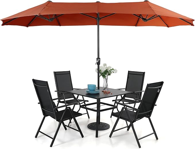PHI VILLA Outdoor Patio Dining Set with Umbrella, Outside Table and Folding Chair Set for 4 and 1 Large Patio Table Umbrella(Orange Red)