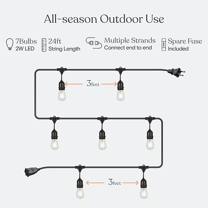 Brightech Ambience Pro - 24 Ft Waterproof LED Outdoor String Lights - Hanging, Dimmable 2w Vintage Edison Bulbs -Commercial Grade Patio Lights Create Cafe Ambience in Your Backyard - 7 Lights, Black
