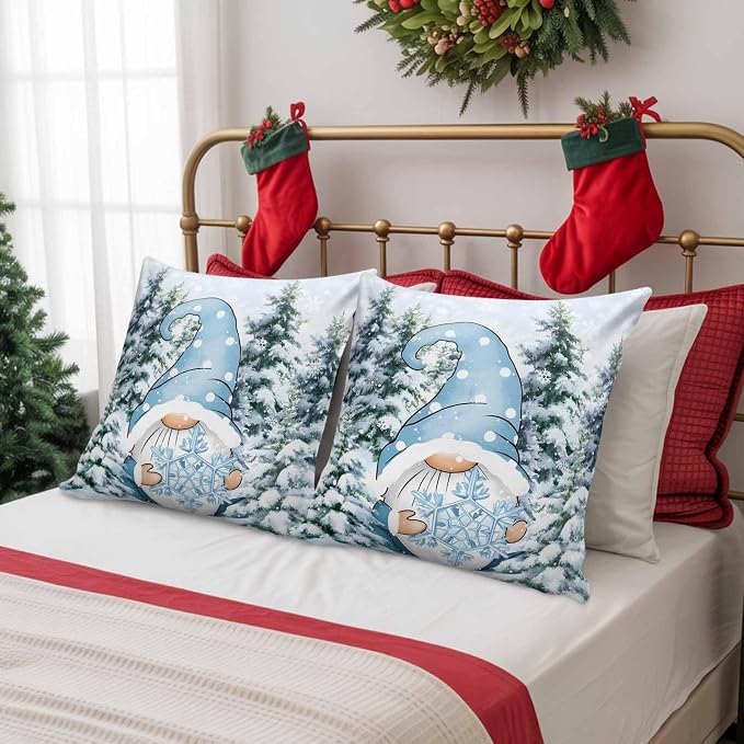 Christmas Gnome Outdoor Pillow Covers Set of 2, Xmas Blue Snowflake Decorative Waterproof Throw Pillowcase Winter Snowy Pine Forest Cotton Linen Soft Cozy Cushion Cover Pillowsham 20x20In