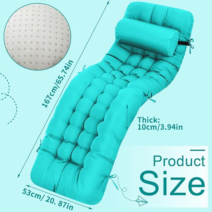 Tudomro Outdoor Chaise Lounge Cushion 66x21x4'' Waterproof & Fade-Resistant Patio Pool Chaise Lounge Cushion Headrest Pillow Tie Replacement Rocking High Back Chair(Turquoise,Set of 2)