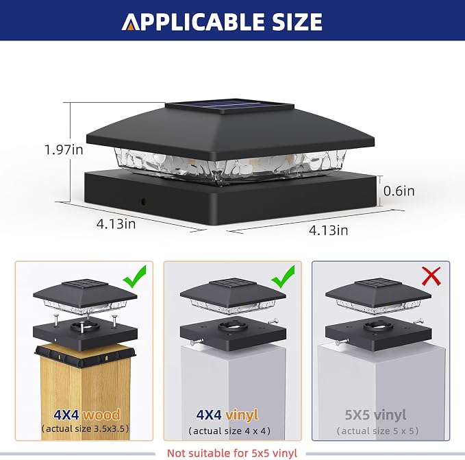 APONUO Solar Post Cap Lights for 4x4 Posts - IP64 Waterproof, 6500K LED, No-Wire Fence Lights & Deck Lights for Patio Garden Yard Patio, Black-Cool White, 24 Pack