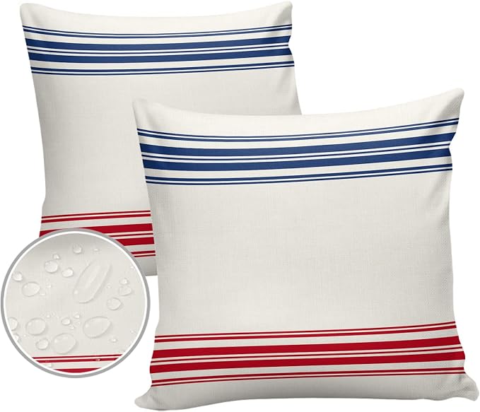 Outdoor Waterproof Pillow Covers Set of 2, Independence Day Flag Day Blue Red Stripe Vintage Patio Throw Pillow Covers, Decorative Cushion Case for Couch Sofa Furniture Garden, 16x16 Inch