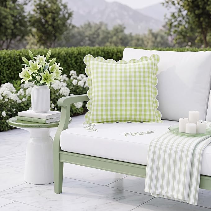 Gingham Scalloped Throw Pillow Cover 20"x20",Green