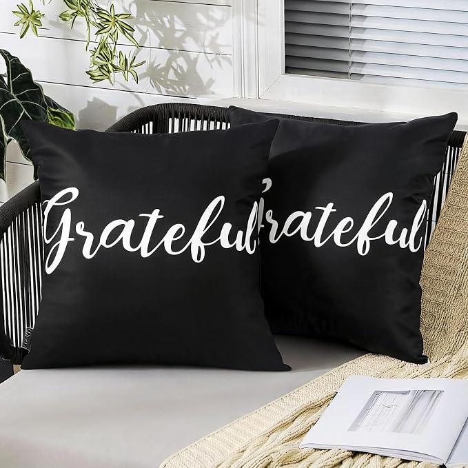 Adabana Outdoor Waterproof Grateful Pillow Covers Set of 2 18x18 Inch | Home Decorative Outdoor Pillows Cover for Patio Garden Porch Farmhouse