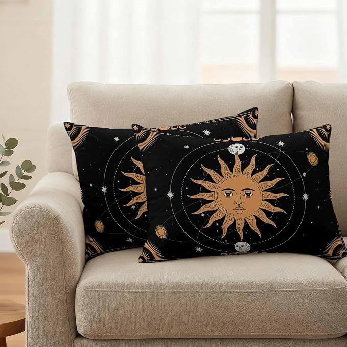 Celestial Sun and Moon Waterproof Outdoor Pillow Covers Set of 2 Home Decor, Black Sky Gold Star Boho Lumbar Pillowcase Patio Pillow Covers for Couch Bench Patio Furniture Garden 20x12in