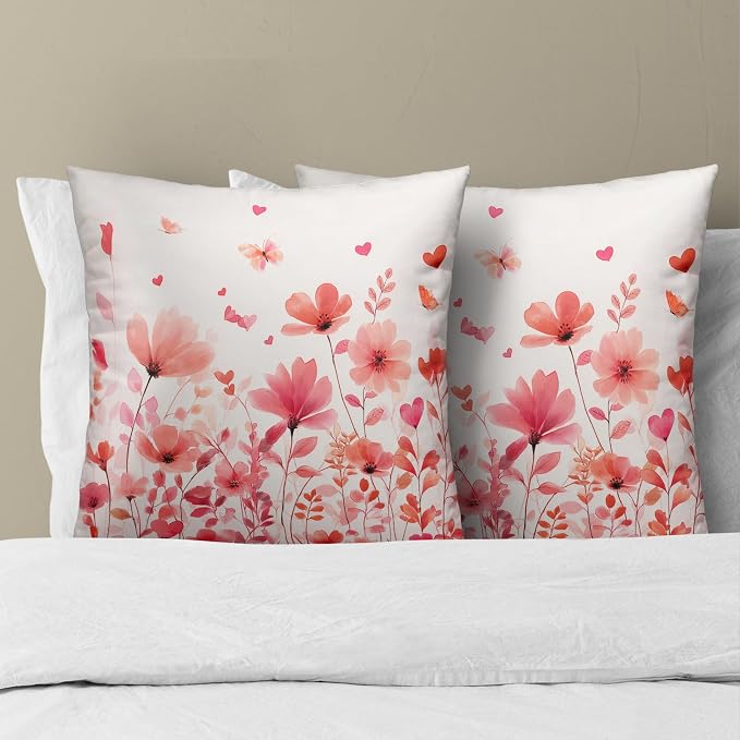 Floral Throw Pillow Covers 16x16 Set of 2, Pink Flowers Leaves and Butterfly Decorative Pillowcases Cotton Cushion Cover for Couch Sofa Farmhouse Wedding Home Decoration