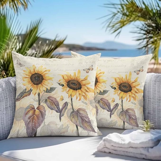 Sunflower Outdoor Pillow Covers Pack of 2, Retro Sunflower Floral Butterfly Waterproof Pillow Covers Seasonal Spring Summer Throw Pillowcase for Patio Funiture Garden Tent, 16 x 16 inch
