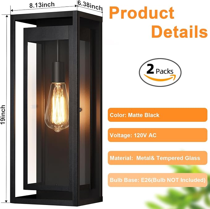 19" Outdoor Wall Lights, 2 Pack Large Size Matte Black Outdoor Sconce Lights with Clear Glass Shade, Waterproof Porch Lighting Exterior Light Fixture for Front Door, Garage