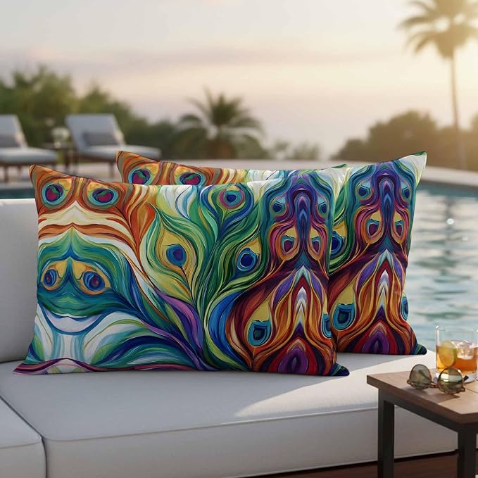 Colorful Peacock Feathers Outdoor Pillow Covers 20x12 Inch Lumbar Pillow Covers Set of 2 Waterproof Decorative Throw Pillow Cases Oil Painting Abstract Art Cushion Covers for Patio Furniture Garden