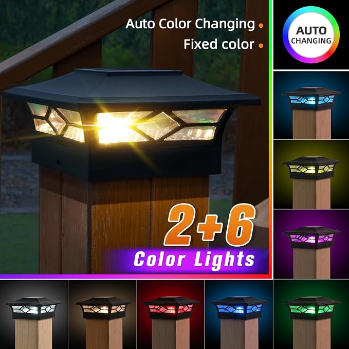 APONUO Solar Post Cap Lights with 8 RGB Colors and Multicolor Flow, Ultra-Bright Clear Lens, IP65 Waterproof for 4x4 5x5 6x6 Wood & Vinyl Fence Posts, 8 Pack Black