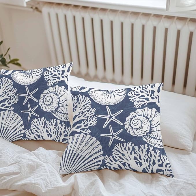 Outdoor Pillow Covers 16x16 Inch Set of 2, Navy Blue Starfish Coastal Waterproof Throw Pillow Covers, Summer Coral Shell Beach Nautical Decorative Cushion Pillowcases for Couch Sofa Bed Garden Patio