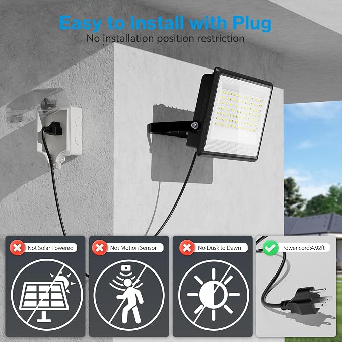 Olafus 2 Pack 150W LED Flood Light Outdoor, 15000LM Super Bright Work Lights Plug in, 6500K, IP66 Waterproof Exterior Floodlight for Stadium Yard Barn