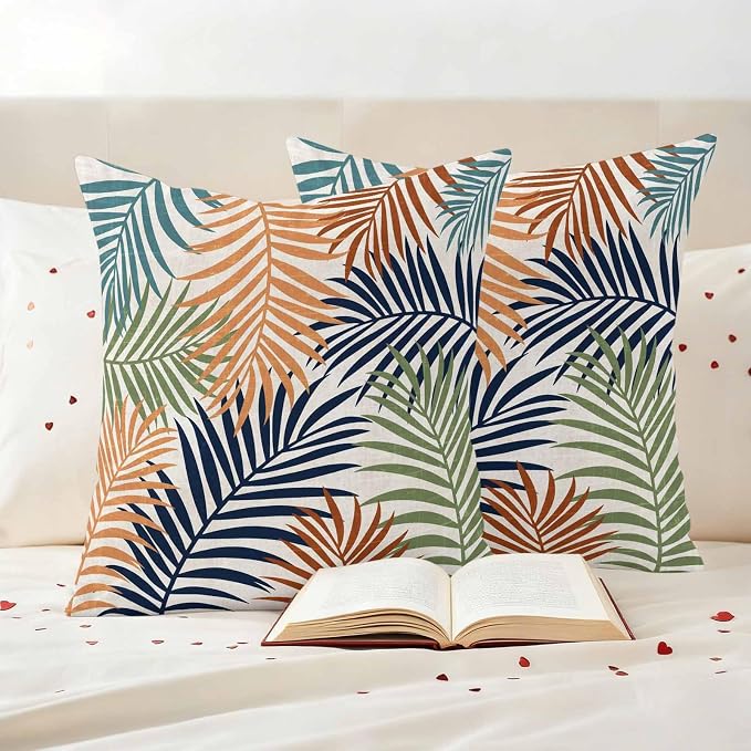 Outdoor Waterproof Throw Pillow Covers, Colorful Palm Leaves Decorative Pillow Cases, Summer Botanical Tropical Leaf Couch Pillow Protector Patio Sofa Cushion Covers Replacement 18"x18" 2 Pack