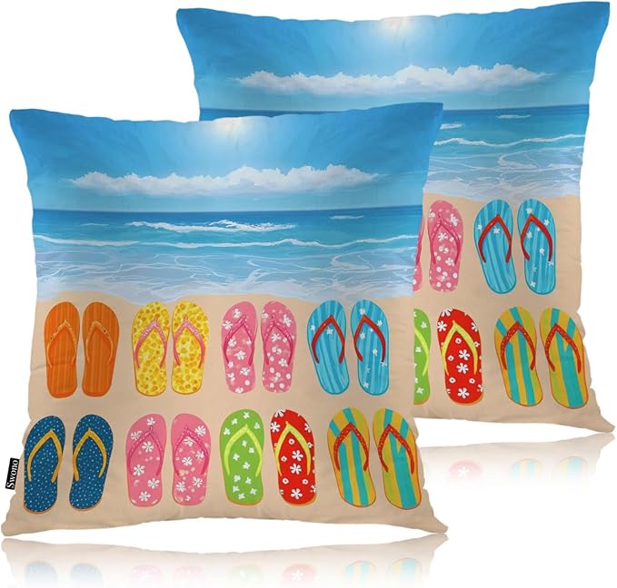 Swono Beach Sandals Decorative Throw Pillow Cushion Covers, Hawaii Beach Sea Flip Flops Cozy Pillowcase Home Decor, Double-Sided Pillow Covers for Bedroom Livingroom Office 18x18 Set of 2 Colorful