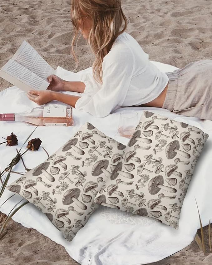Outdoor Waterproof Throw Pillows Retro Mushroom Vintage Botanical Patio Pillows Pack of 2,Decorative Pillow Covers with Insert,Pillow Cushion Case for Garden Couch Sofa Aesthetic Plant Leaves