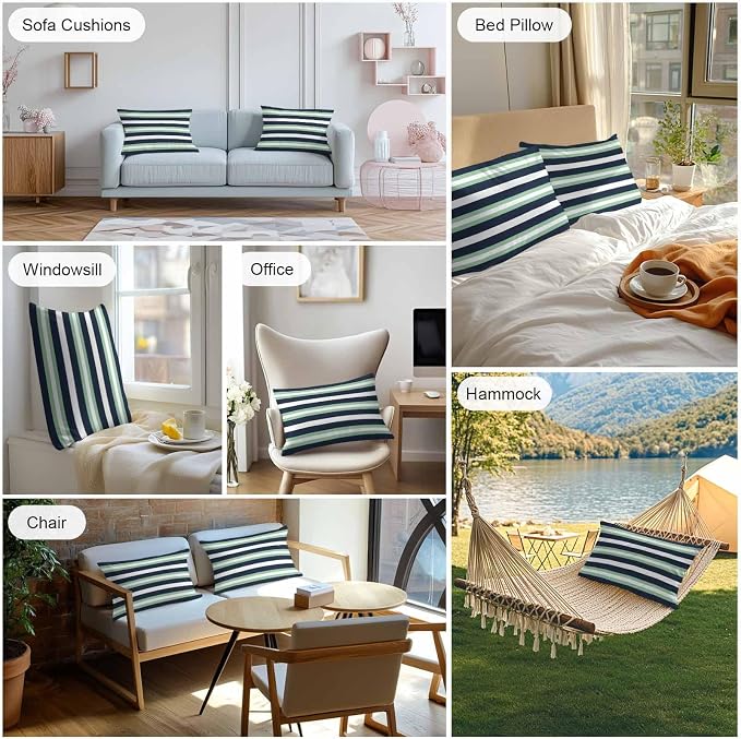 Green Navy Blue Striped Outdoor Pillow Covers Waterproof, All Weather Cushion Case Set of 2, Chic Abstract Lines Geometric Lumbar Pillowcase for Sofa Couch Bed Decor Patio Furniture 20"x12"