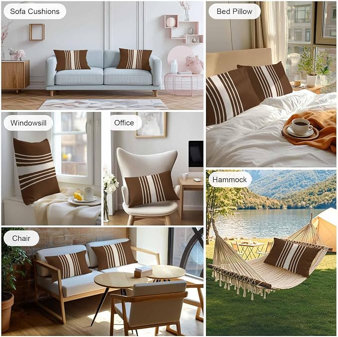 Lumbar Pillow Covers 20x12 Inch Set of 2, Brown Beige Striped Waterproof Outdoor Cushion Covers, Modern Farmhouse Retro Lines Decorative Pillowcases for Couch, Sofa, Bed, Garden, Patio