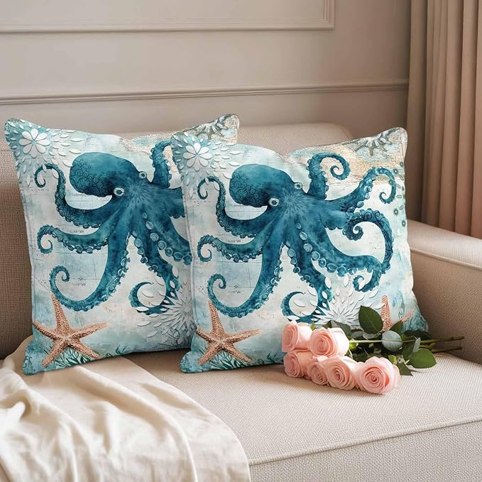 Ocean Creature Outdoor Waterproof Throw Pillow Covers Set of 2, 24"x24", Eight Pawfish Corals Sea Stars Decorative Pillow Covers Outside Cushion Case for Patio Porch Garden