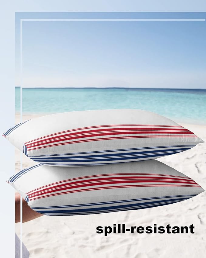 Prime Leader Outdoor Waterproof Pillow Covers Set of 2, Independence Day Flag Day Blue Red Stripe Patio Throw Pillow Covers, Decorative Cushion Case for Couch Sofa Furniture Garden, 20x12 Inch