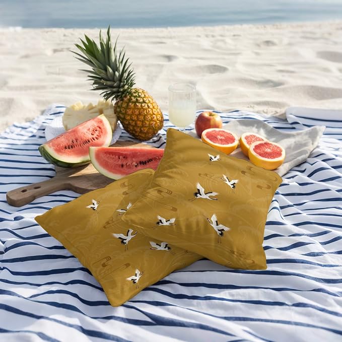 Japanese Style Outdoor Pillow Covers 16x16 Inch Throw Pillow Covers Set of 2 Waterproof Decorative Pillow Cases Vintage Art Cranes Ocean Wave Yellow Cushion Covers for Patio Furniture Garden Couch