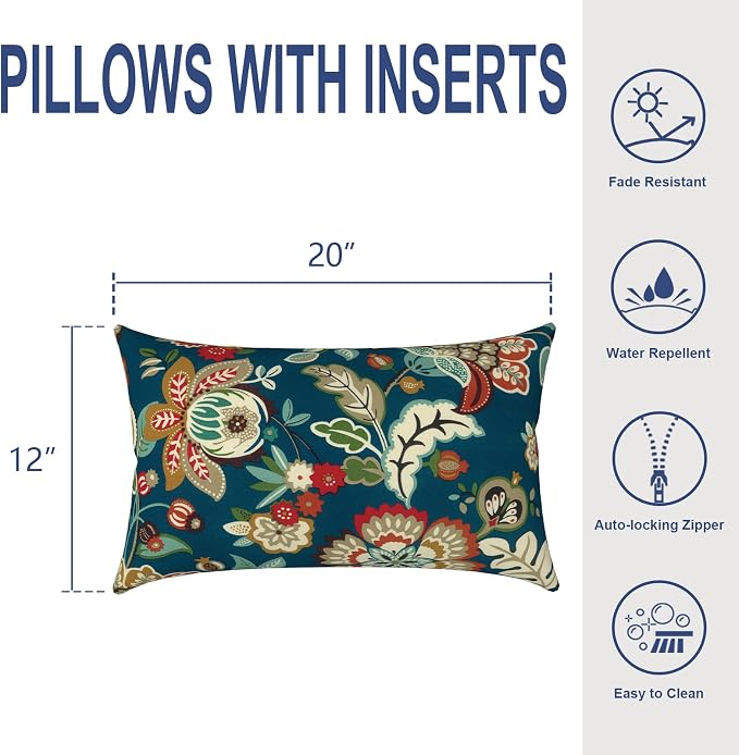 Outdoor Lumbar Pillows, Water Repellent Cushion Pillows 12x20 Inch, Outdoor Pillows with Inserts for Home Garden, Pack of 2, Peacock Blue
