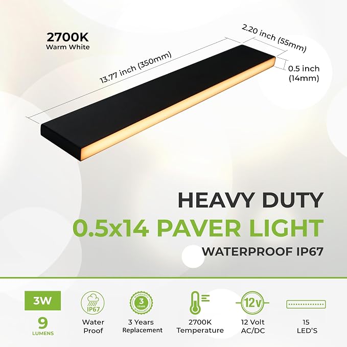 LUMENGY Paver Light Slim 0.5x14 Inch(0.55x13.77) 2700K Warm White, Glare-Free Linear Lighting for Driveways, Walkways and Paver Borders, 12V Hardwired, IP67 Waterproof, Drive-Over Rated