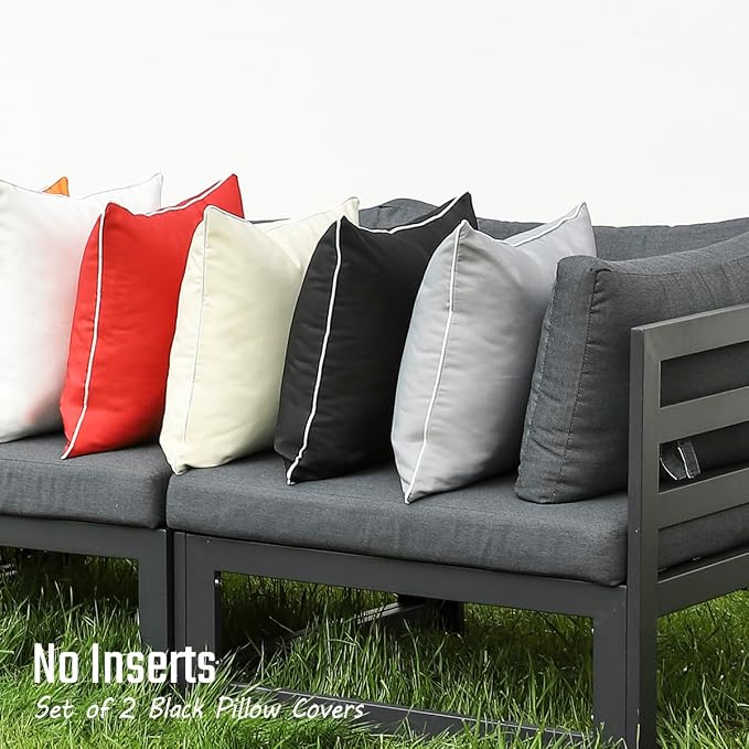 JOJOGOGO Black Outdoor Pillows Waterproof Throw Pillow Covers 18x18 Set of 2, Decorative Black and White Outdoor Sunproof Pillows 18 x 18 for Front Back Porch Patio Furniture (with White Piping)