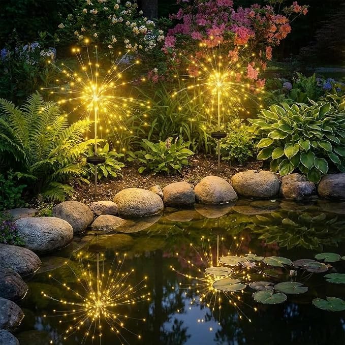 Solar Firework Lights Outdoor, Adjustable 32" to 51" Extra Tall, 200 LED Stainless Steel 3-Section Pole, 8 Modes Waterproof Starburst Garden Lights for Yard Pathway Walkway Decor(Warm White 6 Pack)