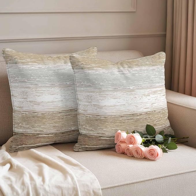 Outdoor Waterproof Throw Pillow Covers, Vintage Brown Grey Decorative Pillow Cases, Farmhouse Barn Wooden Striped Couch Pillow Protector Patio Sofa Cushion Covers Replacement 26"x26" 2 Pack