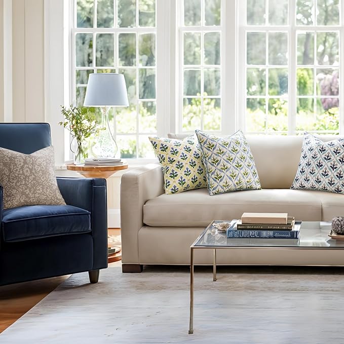 MIULEE Outdoor Floral Pillow Covers Waterproof 16x16 Blue-Green | Decorative Block Print,Boho Farmhouse, Set of 2 Coastal Summer Cushion Covers with Piping,Garden Patio Furniture Porch Couch