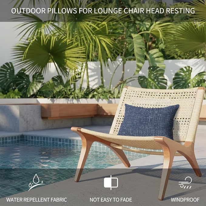 Outdoor Lumbar Pillow Set of 1, Navy Blue Waterproof Beach Headrest Pillow with Inserts, Farmhouse Vintage Blue Solid Color Modern Recliner Throw Pillows for Patio Furniture, 11 x 16