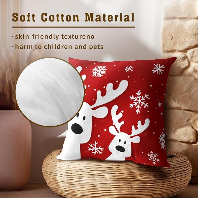 Christmas Reindeer Throw Pillow Covers 18x18 Inch Set of 2, Funny Deers Xmas Red Decorative Pillowcases Soft Square Cushion Cover for Couch Sofa Porch Winter Holiday Home Decor