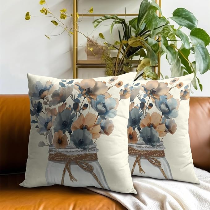 Watercolor Floral Throw Pillow Covers 22x22 Inch Set of 2, Rustic Grey Tan Flowers Decorative Pillowcase Zippered Squre Cushion Cover Farmhouse Decor for Sofa Couch Living Room Outdoor
