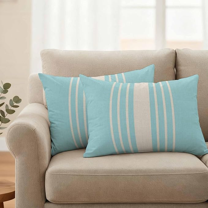 Lumbar Pillow Covers 20x12 Inch Set of 2, Aqua Beige Striped Waterproof Outdoor Cushion Covers, Modern Farmhouse Retro Lines Decorative Pillowcases for Couch, Sofa, Bed, Garden, Patio