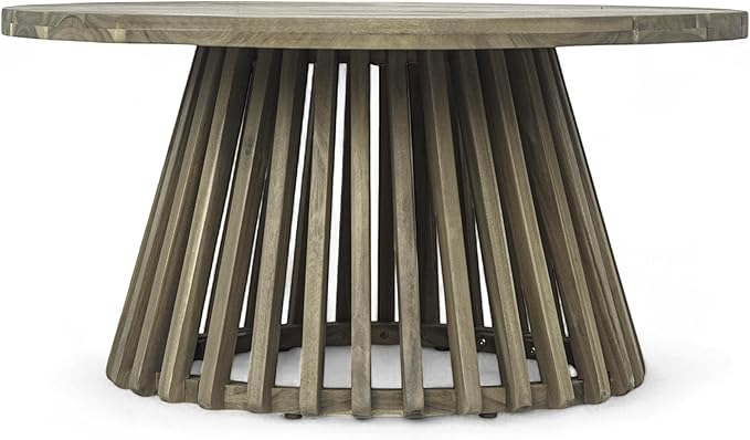 Christopher Knight Home Hakee Acacia Wood Patio Coffee Table, Round Table with Unique Wooden Base for Backyard, Balcony, Stylish Indoor/Outdoor Table, Easy Assembly, 31.5"x 31.5"x 16", Grey