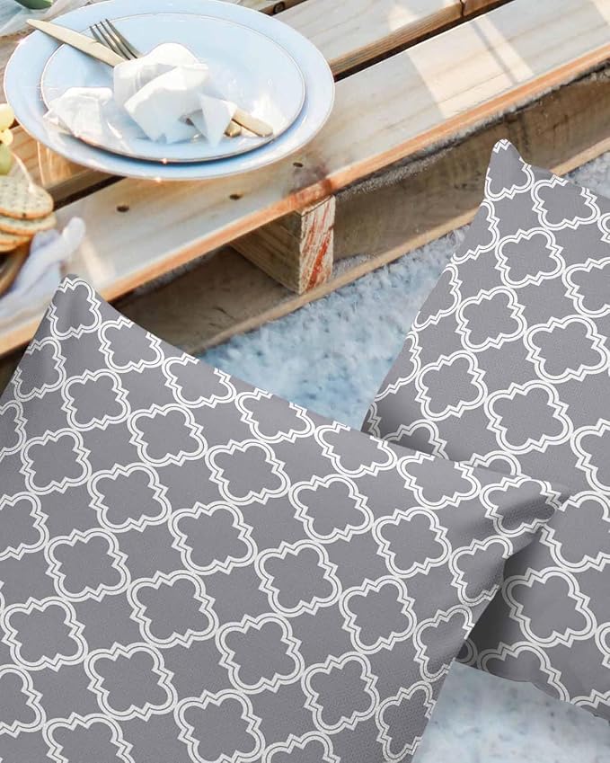 Outdoor Waterproof Pillow Covers for Patio Furniture Moroccan Pattern Decorative Throw Pillow Cover Geometric Trellis Grey Pillowcases Set of 2 Cushion Case for Sofa Couch Chair Home Decor 24x24 inch