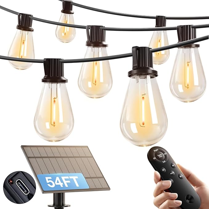 addlon 54FT(48FT+6) Solar String Lights Outdoor, Waterproof, Last 20+ Hrs | 16 Shatterproof LED Bulbs, USB Charging, Dimmable, Timer Remote, Easy Install for Garden, Backyard, Pergola and Party
