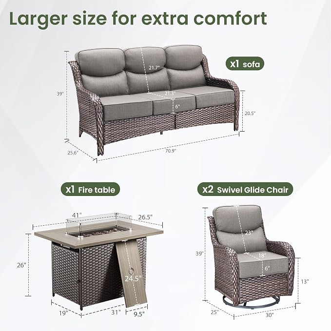 Luxury Patio Furniture Set with 6-inch Thick Cushion, Outdoor Furniture with Fire Pit Table, Swivel Chairs, Sofa, 4pcs Wicker Conversation Set for Deck Yard and Poolside(Brown Wicker/Grey Cushion)