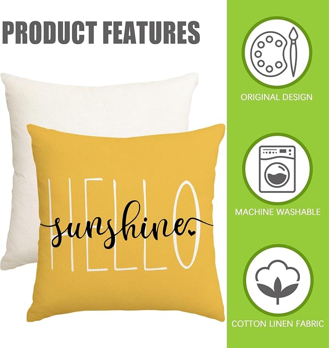 RABUSOFA Outdoor Pillows Waterproof Decorative Throw Pillows,18x18 Inch Hello Sunshine Summer Pillow Covers,Mustard Outdoor Pillow Cases for Patio Furniture(2-18) (18"x18")