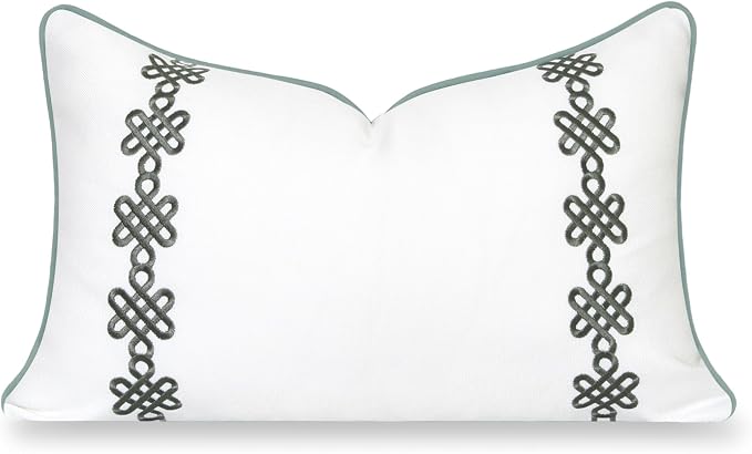Hofdeco Premium Coastal Hampton Patio Indoor Outdoor Lumbar Pillow Cover Only, 12"x20" Water Repellent for Backyard, Couch, Poolside, Celadon Green Embroidered Chinoise Lucky Knots