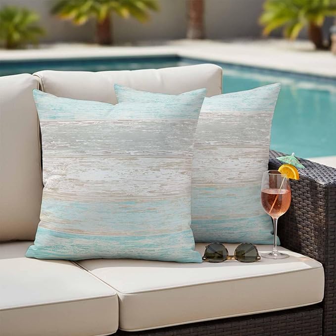 Outdoor Waterproof Throw Pillow Covers, Vintage Teal Grey Decorative Pillow Cases, Farmhouse Barn Wooden Striped Couch Pillow Protector Patio Sofa Cushion Covers Replacement 24"x24" 2 Pack