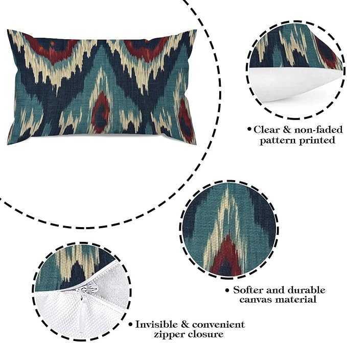 Zipped Pillow Cases for Home Decor Blue Green Red Cream Ikat Pattern Throw Pillow Cover Set of 2 Farmhouse Cushion Cover Cases for Living Room Club Home Decor 12x20in
