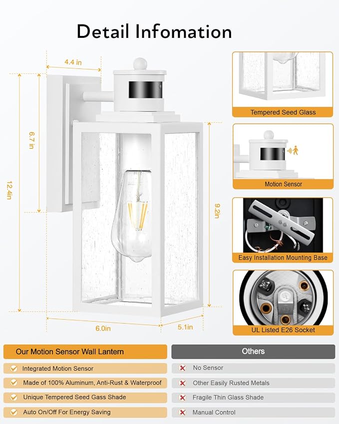VIANIS 2 Pack Motion Sensor Exterior Lighting Fixtures Wall Mount, Modern White Outdoor Garage Lights, Anti-Rust Waterproof Outdoor Wall Sconce for House Coach Entryway, Dusk to Dawn Front Porch Light